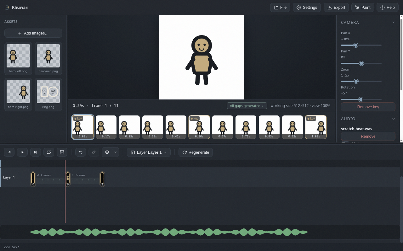 The audio panel with a loaded scratch track and the green waveform lane under the timeline