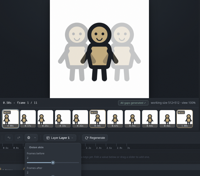 Onion skinning with ghost frames around the current one and the settings popup