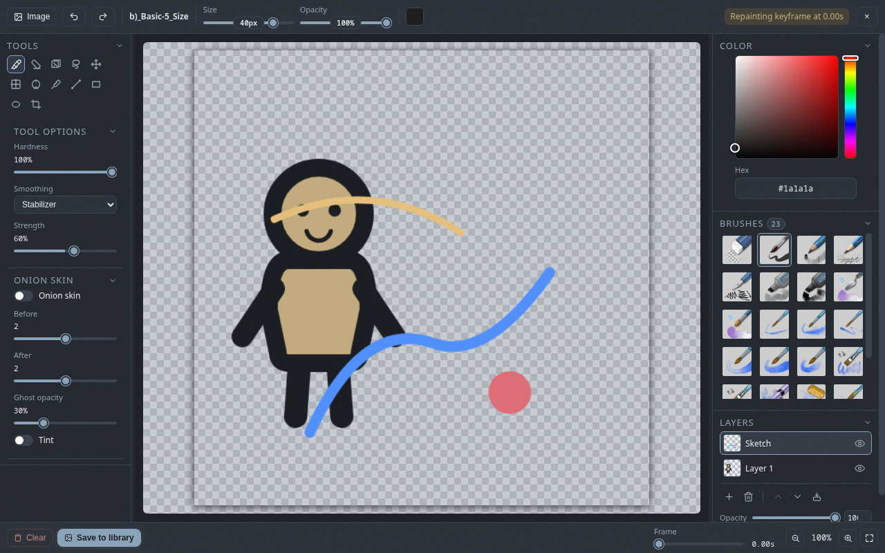 The paint workspace: toolbar on top, tools on the left, the canvas in the center, and color, brushes and layers dockers on the right