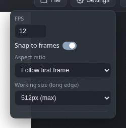 The settings menu with FPS, snapping, aspect ratio and working size
